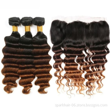 Spark 3 Tone Ombre Loose Deep Hair 3 Bundles with Closure 1b/4/30 Brazilian Virgin Human Hair Weave Bundles with Closure